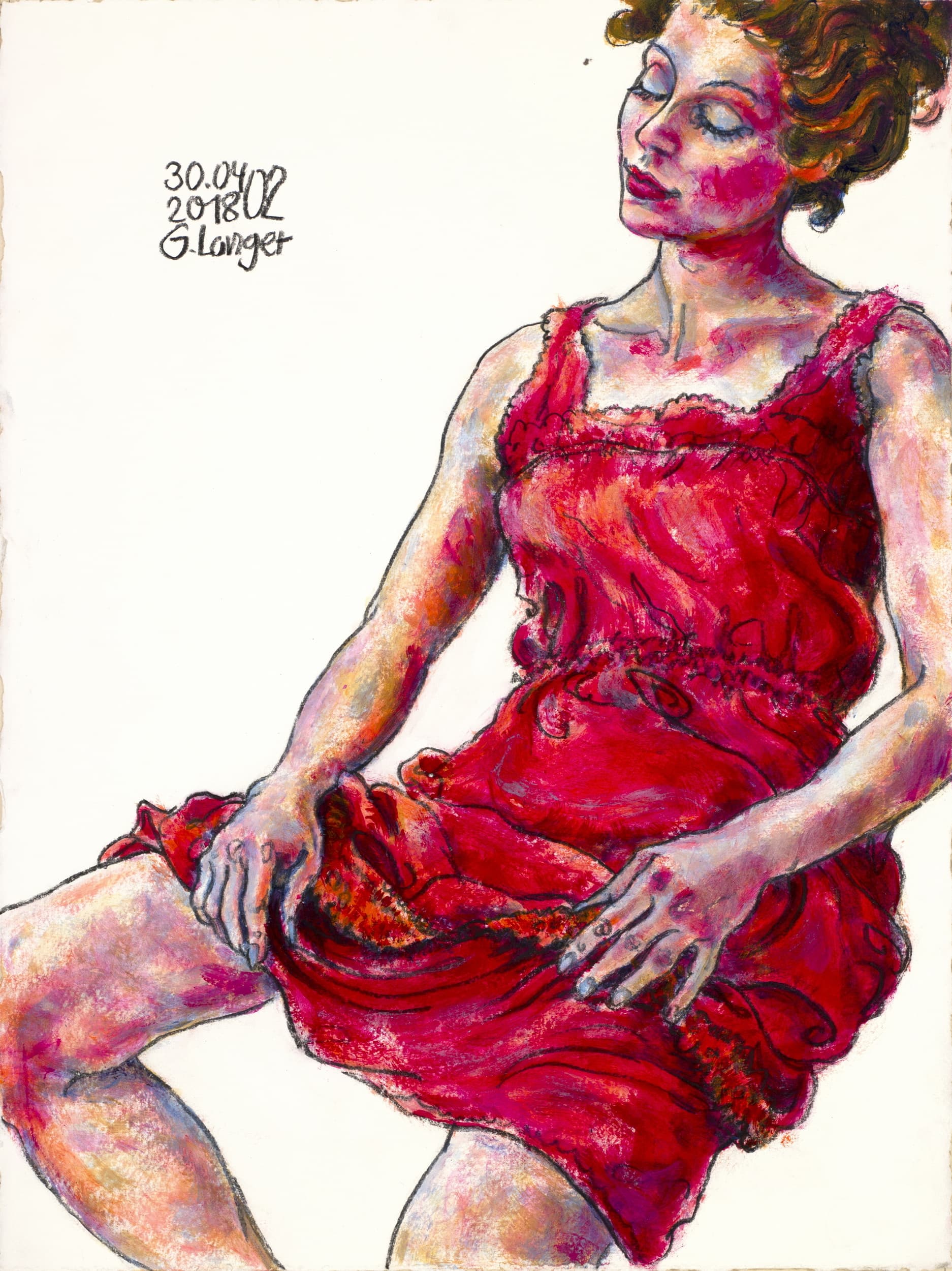 Gunter Langer, Malerei, sitzende Frau im roten Kleid, Enigmatischer Realismus, Leiser Traum, 2018, Acryl Wasserfarbe Bleistift, Büttenpapier, 76 x 57 cm